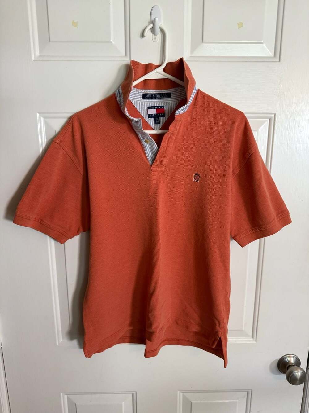 Tommy Hilfiger Vintage Orange Short Sleeve Polo Shirt with Striped Collar Trim